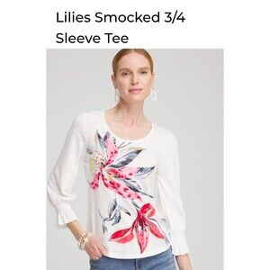 Chicos Lilies Smocked 3/4 Sleeve Tee Shirt Slub Cotton Ruffle Cuff sz 3 US XL